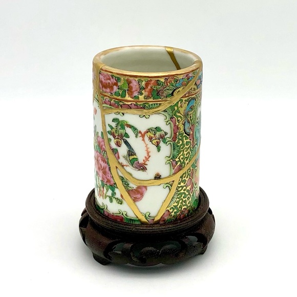 Kintsugi Brush Pot Chinese Famille Rose Cup Gold Crack Art Personal Growth Gift - Picture 6 of 17